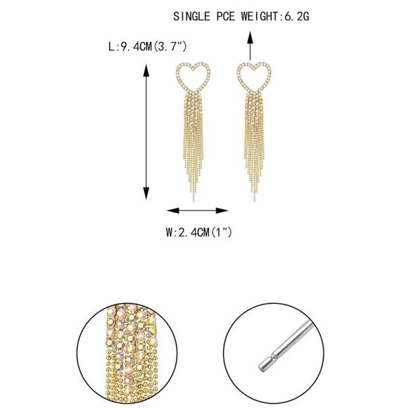 Yellow Gold with Iridescent AB Crystal Heart Beaded Tassel Post Back Earrings - Picture 5 of 5